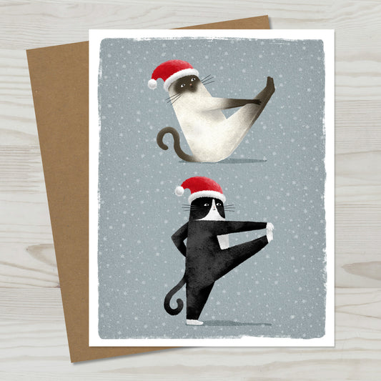 Yoga Cat Christmas Siamese Tuxedo Greeting Card